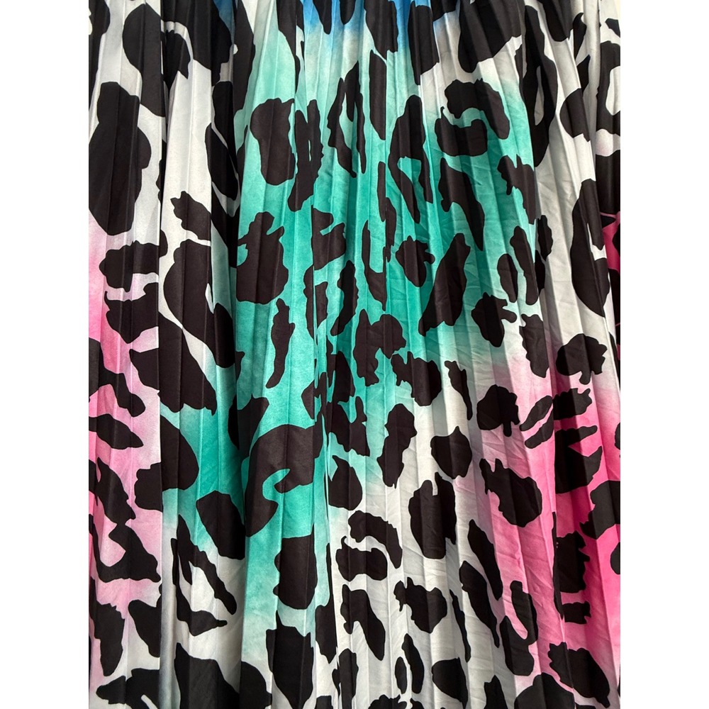 Rainbow Leopard Pleated Midi Skirt Colorful Animal Print Elastic Waist Skirt - Picture 2 of 4